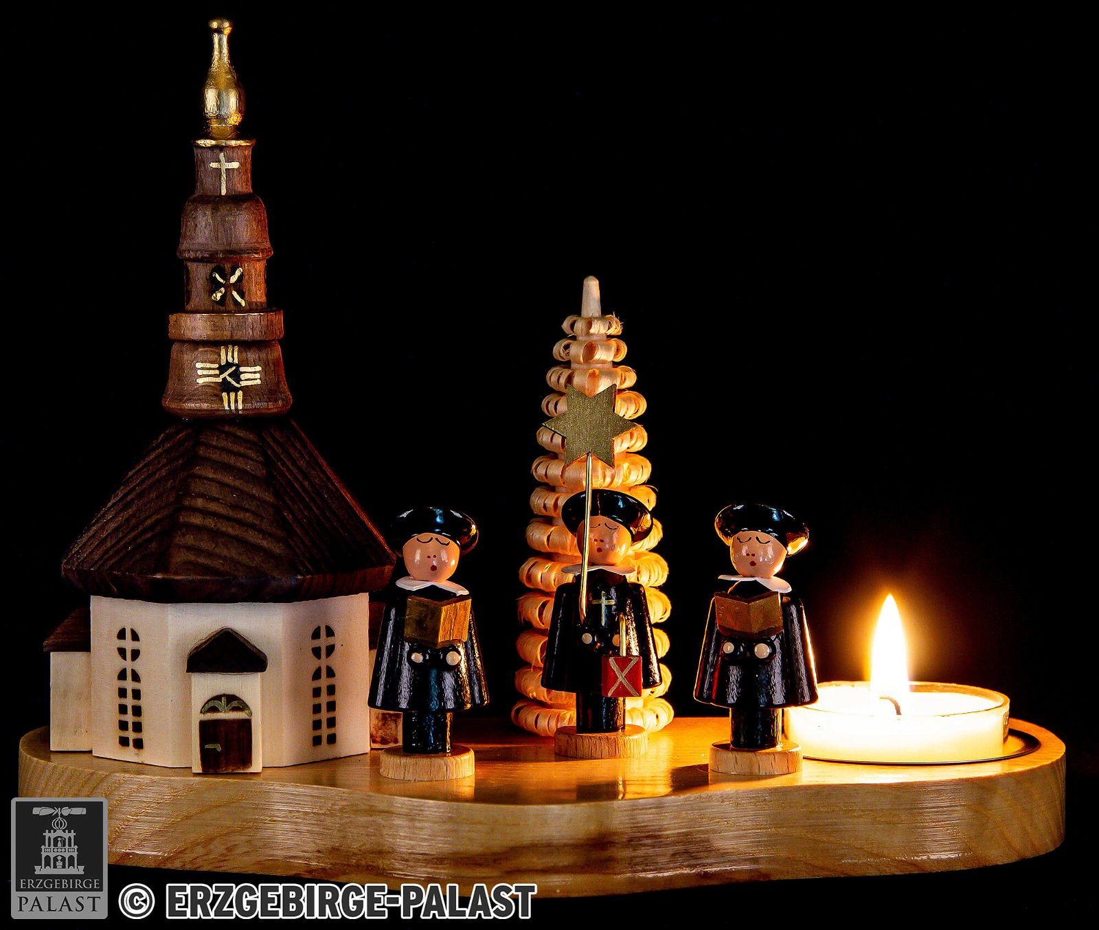 Teelichthalter mit Seiffener Kirche und Kurrende (12 cm) von Dregeno Seiffen
