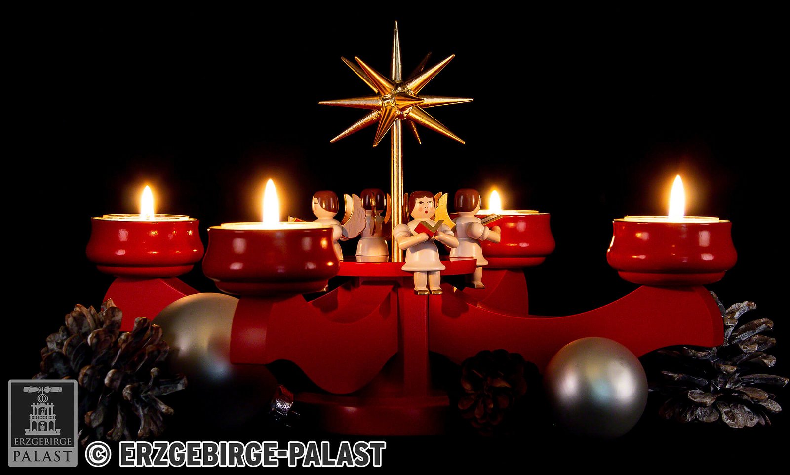 Adventsleuchter mit Engeln rot (19 cm) von Albin Preissler | Kerzenständer