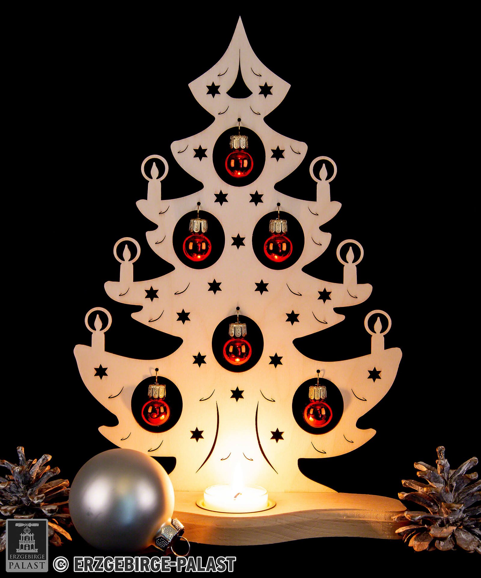 Kugeln Holzkunst roten Weihnachtsbaum Weigla Teelichthalter cm) mit von (30,5