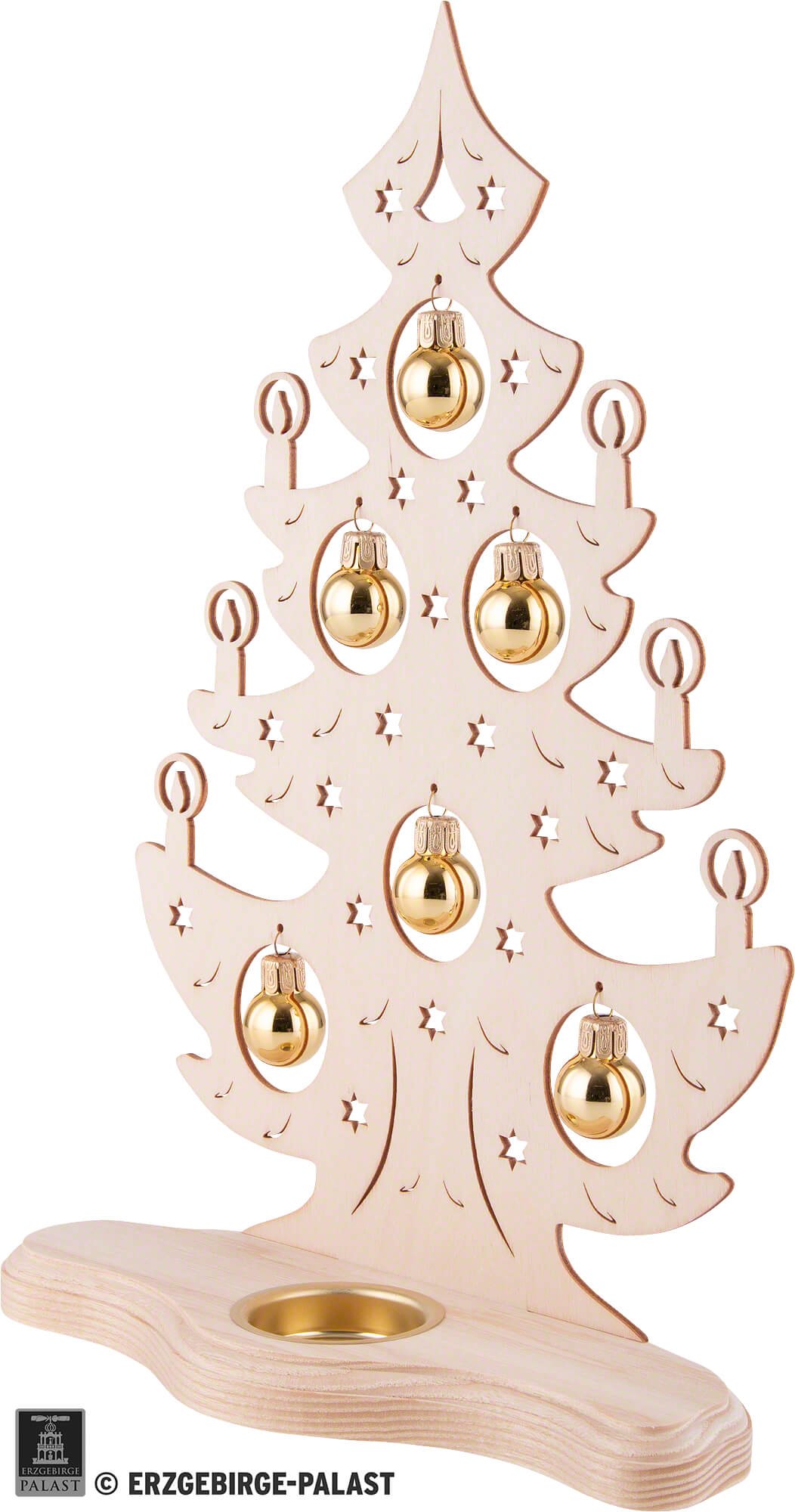 Holzkunst Weihnachtsbaum cm) goldenen von Teelichthalter Weigla (30,5 mit Kugeln