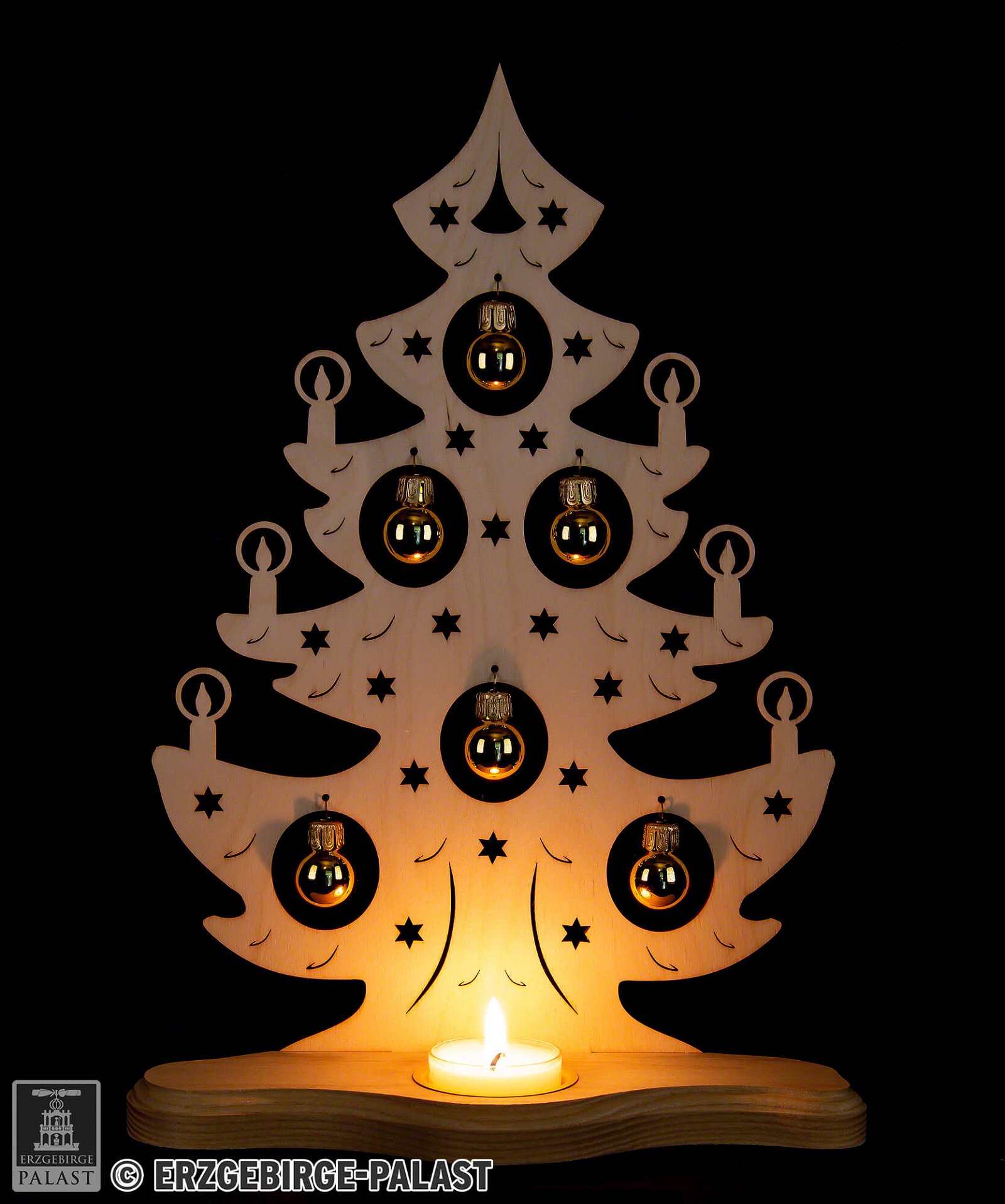 Weihnachtsbaum (30,5 cm) Teelichthalter Holzkunst mit Kugeln von Weigla goldenen