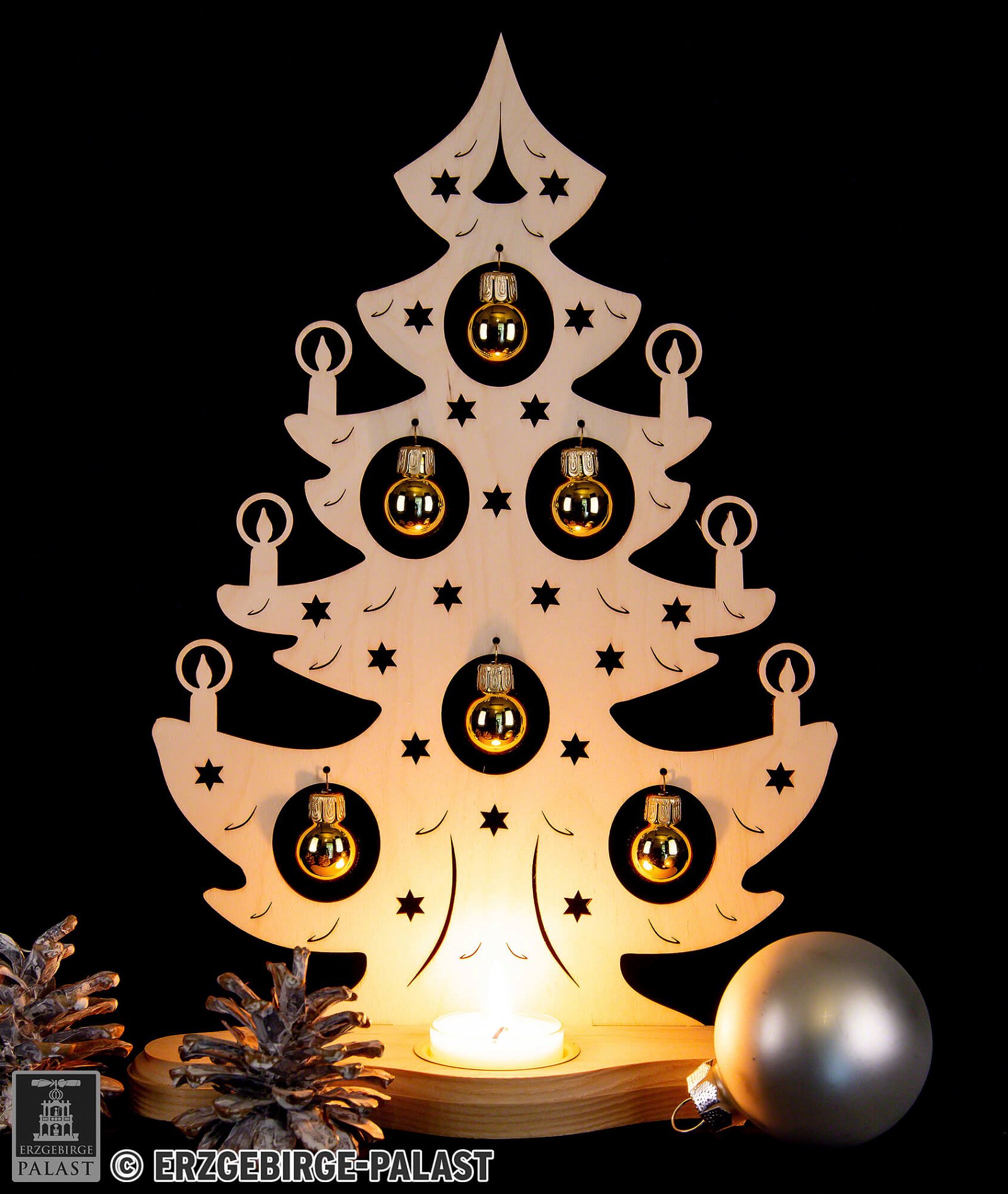 Teelichthalter Weihnachtsbaum mit goldenen Kugeln (30,5 cm) von Weigla  Holzkunst