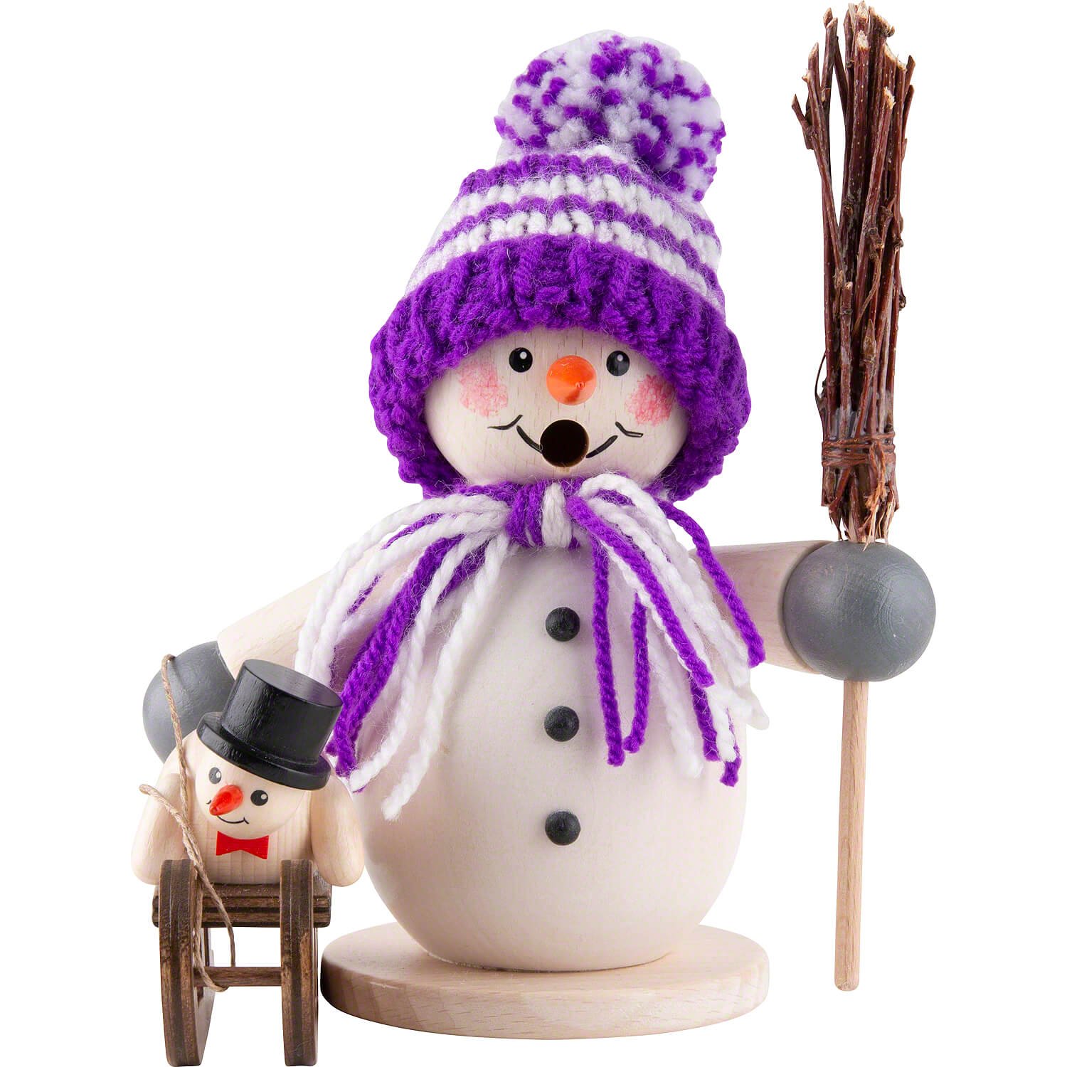 Räuchermännchen Schneemann mit Schlitten und Kind lila (15 cm) von