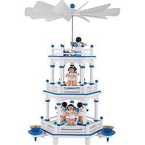 Weihnachtspyramiden 3-stöckige Pyramiden 3-stöckige Pyramide weiß-blau Instrumenten-Engel mit blauen Flügeln  - 35 cm