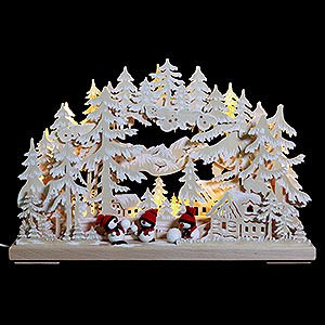 Candle Arches Illuminated inside 3D Double Arch - Snowball Fight with White Frost - 43x30x7 cm / 17x12x3 inch