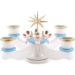 Lichterwelt Kerzenhalter Engel Adventsleuchter wei/blau mit vier sitzenden Engeln - 29x29x19 cm