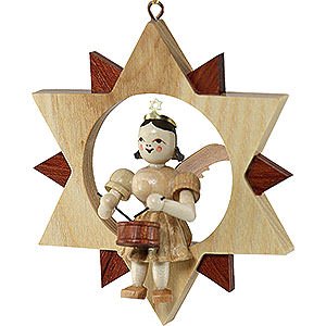 Tree ornaments All tree ornaments Angel Sitting in a Star with Drum, Natural - 9 cm / 3.5 inch