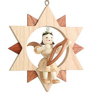 Tree ornaments All tree ornaments Angel Sitting in a Star with Lyre, Natural - 9 cm / 3.5 inch