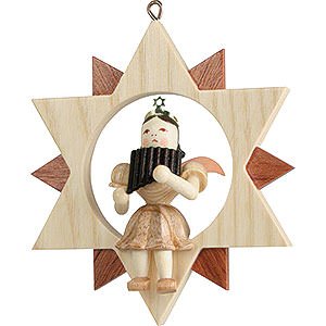 Tree ornaments All tree ornaments Angel Sitting in a Star with Pan Pipe, Natural - 9 cm / 3.5 inch