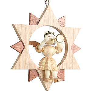 Tree ornaments All tree ornaments Angel Sitting in a Star with Trumpet, Natural - 9 cm / 3.5 inch