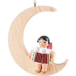 Tree ornaments Angel Ornaments Misc. Angels Angel with Accordion - Red Wings - Sitting in Natural-Colored Moon - 16,5 cm / 6.5 inch