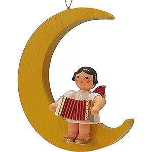 Tree ornaments Angel Ornaments Misc. Angels Angel with Accordion - Red Wings - Sitting in Yellow Moon - 16,5 cm / 6.5 inch