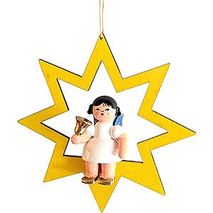 Tree ornaments Moon & Stars Angel with Bell - Blue Wings - Sitting in Yellow Star - 10,5 cm / 4.1 inch