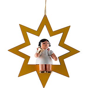 Tree ornaments Moon & Stars Angel with Bell - Red Wings - Sitting in Yellow Star - 10,5 cm / 4.1 inch