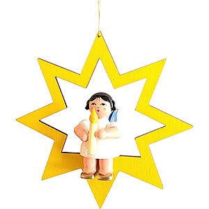 Tree ornaments Moon & Stars Angel with Candle - Blue Wings - Sitting in Yellow Star - 10,5 cm / 4.1 inch
