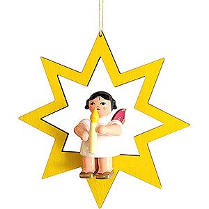 Tree ornaments Moon & Stars Angel with Candle - Red Wings - Sitting in Yellow Star - 10,5 cm / 4.1 inch