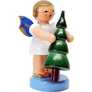 Angels Angels - blue wings - small Angel with Christmas Tree - Blue Wings- Standing - 6 cm / 2.3 inch