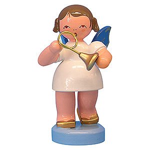 Angels Angels - blue wings - small Angel with French Horn - Blue Wings - Standing - 6 cm / 2,3 inch