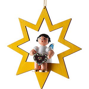 Tree ornaments Moon & Stars Angel with Gingerbread Heart - Blue Wings - Sitting in Yellow Star - 10,5 cm / 4.1 inch