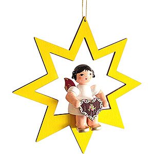 Tree ornaments Moon & Stars Angel with Gingerbread Heart - Red Wings - Sitting in Yellow Star - 10,5 cm / 4.1 inch