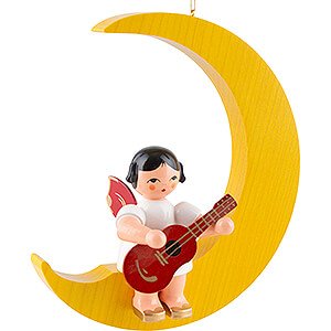 Tree ornaments Angel Ornaments Misc. Angels Angel with Guitar - Red Wings - Sitting in Yellow Moon - 16,5 cm / 6.5 inch
