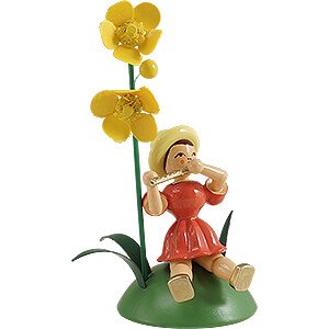 Kleine Figuren & Miniaturen Blumenkinder Blumenkind mit Butterblume und Piccoloflte, sitzend, farbig - 11 cm