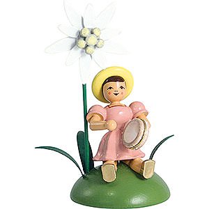 Kleine Figuren & Miniaturen Blumenkinder Blumenkind mit Edelwei und Tamburin sitzend - 12 cm