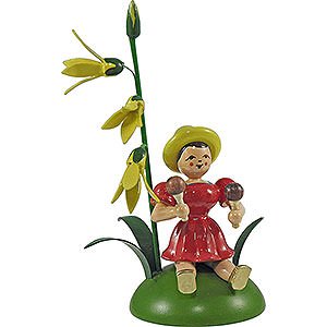 Kleine Figuren & Miniaturen Blumenkinder Blumenkind mit Forsythie und Rumbakugel sitzend - 12 cm