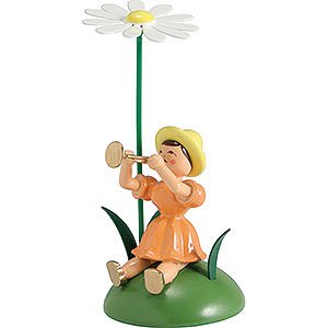 Kleine Figuren & Miniaturen Blumenkinder Blumenkind mit Margerite und Trompete sitzend - 12 cm