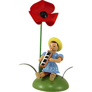 Kleine Figuren & Miniaturen Blumenkinder Blumenkind mit Mohnblume und Melodika sitzend - 12 cm