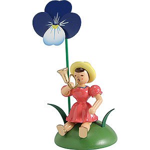Kleine Figuren & Miniaturen Blumenkinder Blumenkind mit Stiefmtterchen und Jagdhorn sitzend - 12 cm