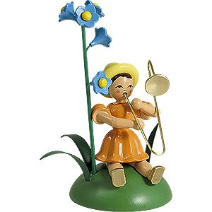 Kleine Figuren & Miniaturen Blumenkinder Blumenkind mit Vergissmeinnicht und Zugposaune, sitzend - 11 cm
