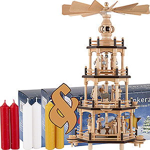 Christmas-Pyramids 4-tier Pyramids Bundle - 4-Tier Pyramid Natural plus three packs of candles red/white/honey color