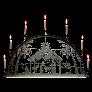 Schwibbögen Alle Schwibbögen Edelstahl-Schwibbogen mit Edelstahl-Kerzenhaltern für Innen - Christi Geburt - 60x35 cm