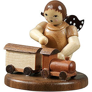 Weihnachtsengel Geschenkeengel (Ellmann) Engel kniend mit Eisenbahn, natur - 6,5 cm