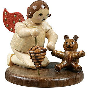 Weihnachtsengel Geschenkeengel (Ellmann) Engel kniend mit Teddy und Kreisel, natur - 6,5 cm