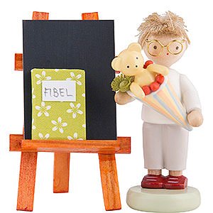 Geschenkideen Schulanfang Flachshaarkinder Junge mit Schultte, Tafel und Fibel - 5 cm