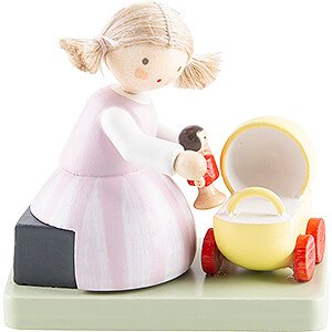 Kleine Figuren & Miniaturen Flade Flachshaarkinder Flachshaarkinder Mdchen mit Puppe und Puppenwagen - 4,1 cm