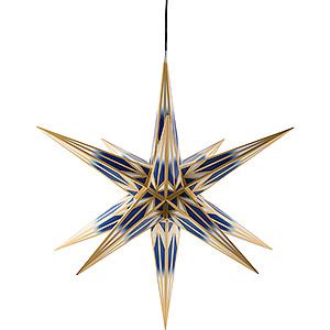 Advent Stars and Moravian Christmas Stars Halauer Christmas Stars Hasslau Christmas Star - Blue/White with Golden Pattern and Lighting - 75 cm / 30 inch -  Inside/Outside Use
