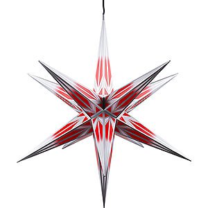 Advent Stars and Moravian Christmas Stars Halauer Christmas Stars Hasslau Christmas Star - Red/White with Silver Pattern and Lighting - 75 cm / 30 inch -  Inside/Outside Use
