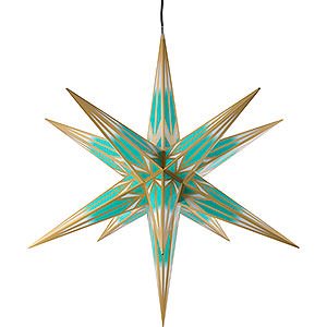 Advent Stars and Moravian Christmas Stars Halauer Christmas Stars Hasslau Christmas Star - Turquoise/White with Golden Pattern and Lighting - 75 cm / 30 inch -  Inside/Outside Use
