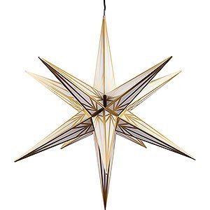 Advent Stars and Moravian Christmas Stars Halauer Christmas Stars Hasslau Christmas Star - White with Golden Pattern and Lighting - 75 cm / 30 inch -  Inside/Outside Use
