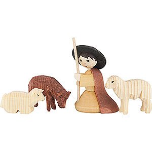 Krippenfiguren Alle Krippenfiguren Hirte kniend mit 3 Schafen gebeizt - 7 cm