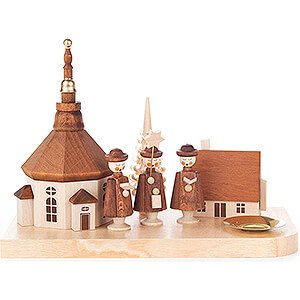 Lichterwelt Kerzenhalter Sonstige Kerzenhalter mit Seiffener Kirche, Haus und Kurrende - 12 cm