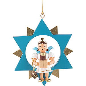Baumschmuck Christbaumschmuck Kurzrockengel mit Geschenk im Stern, farbig - 9 cm