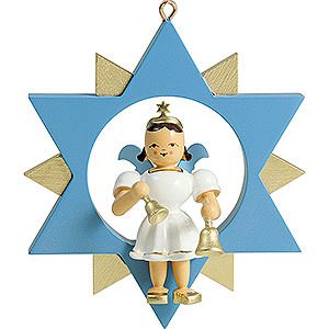 Weihnachtsengel Kurzrockengel im Stern farbig (Blank) Kurzrockengel mit Glocken im Stern, farbig - 9 cm