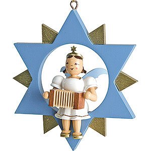 Weihnachtsengel Kurzrockengel im Stern farbig (Blank) Kurzrockengel mit Harmonika im Stern, farbig - 9 cm