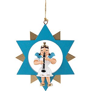 Baumschmuck Christbaumschmuck Kurzrockengel mit Klarinette im Stern, farbig - 9 cm