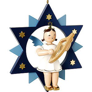 Weihnachtsengel Kurzrockengel im Stern farbig (Blank) Kurzrockengel mit Leier im Stern, farbig - 28 cm