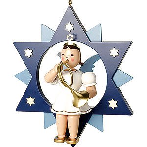 Weihnachtsengel Kurzrockengel im Stern farbig (Blank) Kurzrockengel mit Waldhorn im Stern, farbig - 28 cm